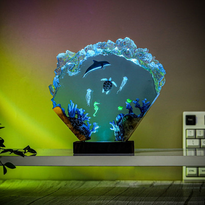 Dolphin & Sea Turtle in Coral Reef Resin Lamp